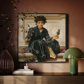 Weaving the Wreath - Frederic Leighton Art Print / Canvas Framed Classical Painting Woman Dark Velvet Attire Adorned Frederic Leighton Art,