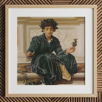 Weaving the Wreath - Frederic Leighton Art Print / Canvas Framed Reproduction Classical Painting Woman Dark Velvet Robes Frederic Leighton