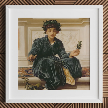 Weaving the Wreath - Frederic Leighton Art Print / Canvas Framed Reproduction Classical Painting Woman Dark Velvet Robes Frederic Leighton