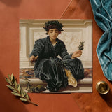 Weaving the Wreath - Frederic Leighton Art Print / Canvas Square-framed Reproduction Classical Painting Young Woman Dark Velvet Frederic