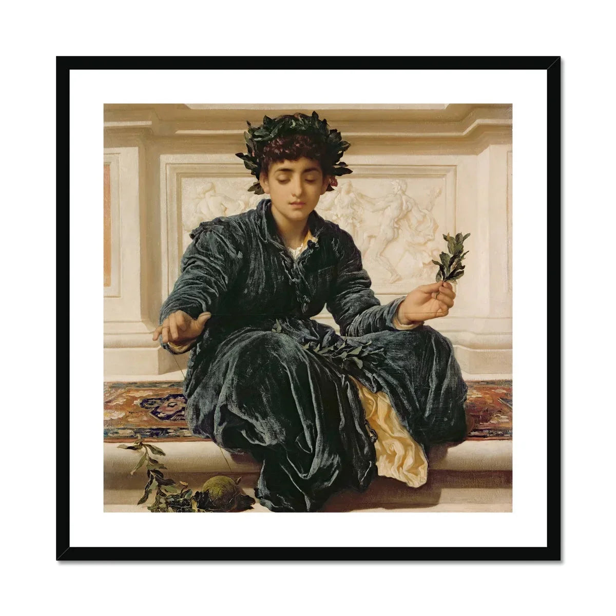 Weaving the Wreath - Frederic Leighton Art Print, Classical Painting Figure Dark Velvet Robes Laurel Wreath