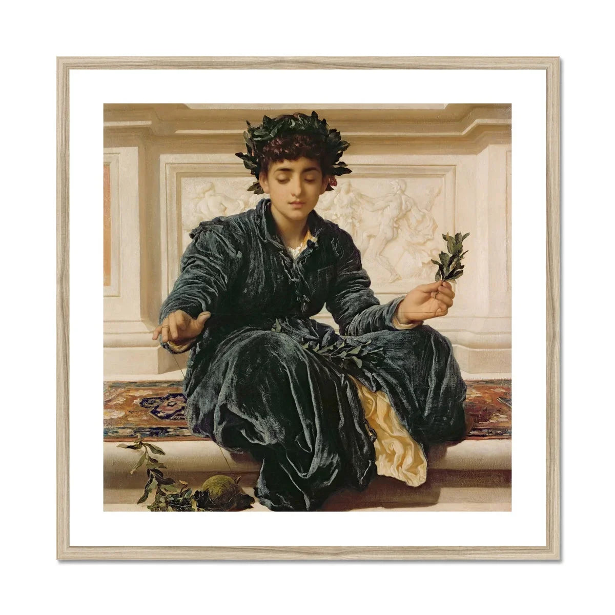 Weaving the Wreath - Frederic Leighton Art Print, Figure Dark Velvet Robes Laurel Wreath Leaves