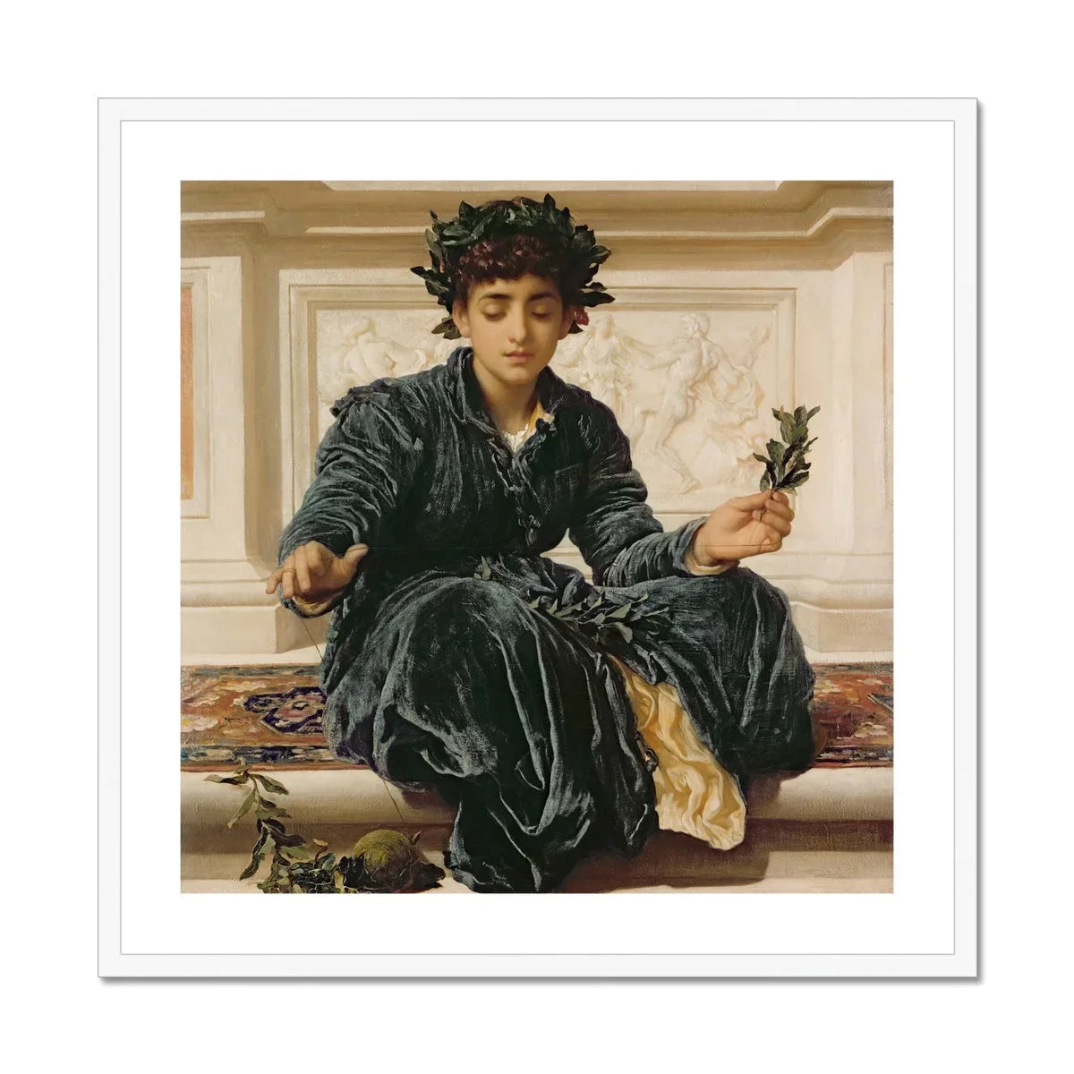 Weaving the Wreath - Frederic Leighton Art Print, Figure Dark Velvet Robes Laurel Wreath Leaves