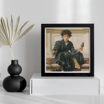 Weaving the Wreath - Frederic Leighton Art Print, Framed Painting Person Green Velvet Clothing Small Plant