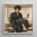 Weaving the Wreath - Frederic Leighton Framed Canvas, 12x12’’ / 31x31cm / White Floating Frame, Framed Painting Woman Laurel Wreath