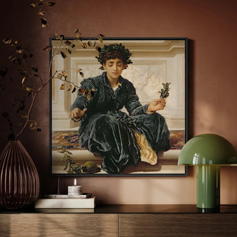 Weaving the Wreath - Frederic Leighton Framed Canvas, Framed Classical Painting Figure Dark Velvet Clothing Dried