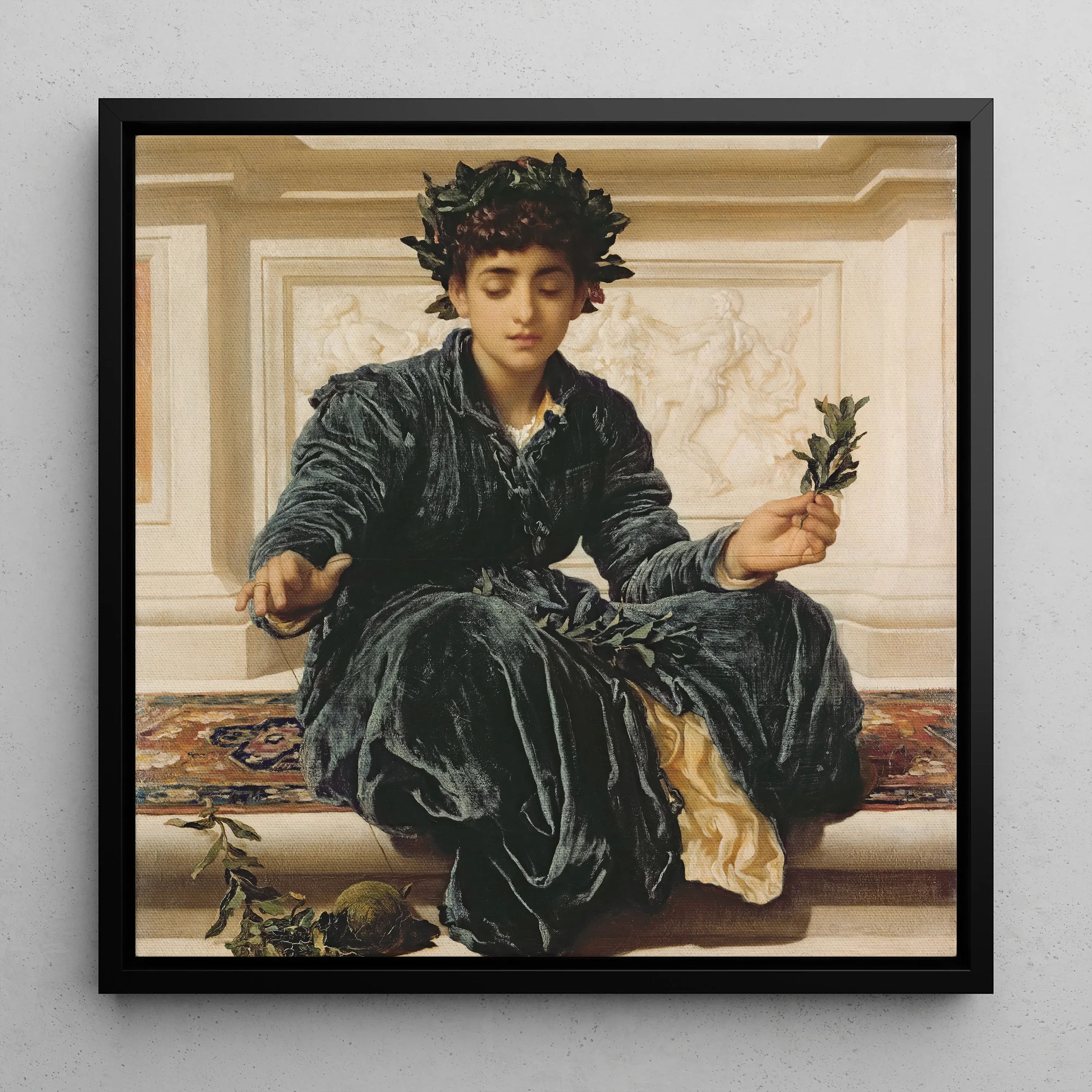 Weaving the Wreath - Frederic Leighton Framed Canvas, Classical Painting Figure Dark Velvet Robe Leafy Crown