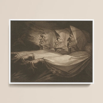 The Weird Sisters - Henry Fuseli Art Print / Canvas Framed Monochrome Print Three Women Hooded Garments Rendered Death-head Moth Hovers,