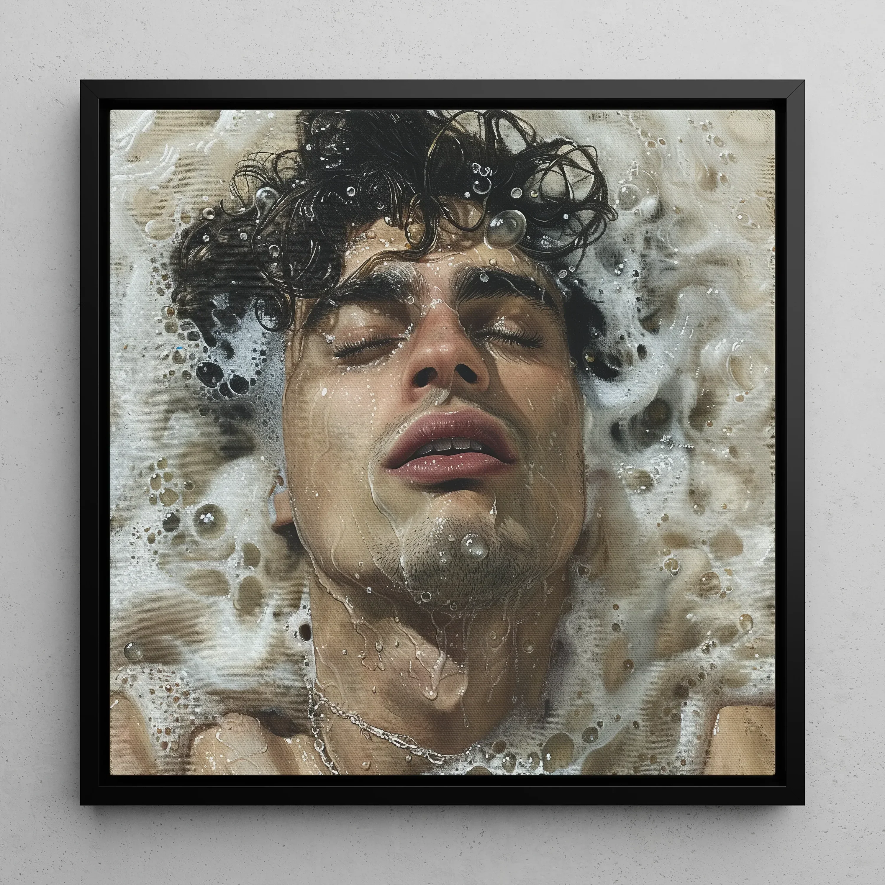 Wet Whistle - Sensual Gay Erotica Framed Canvas, 12x12’’ / 31x31cm / Black Floating Frame, Portrait Person Submerged Soapy Water Eyes
