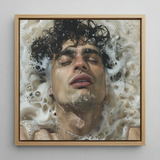 Wet Whistle - Sensual Gay Erotica Framed Canvas, 12x12’’ / 31x31cm / Natural Floating Frame, Framed Painting Man Submerged Frothy Water