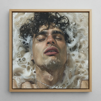Wet Whistle - Sensual Gay Erotica Framed Canvas, 12x12’’ / 31x31cm / Natural Floating Frame, Framed Painting Man Submerged Frothy Water