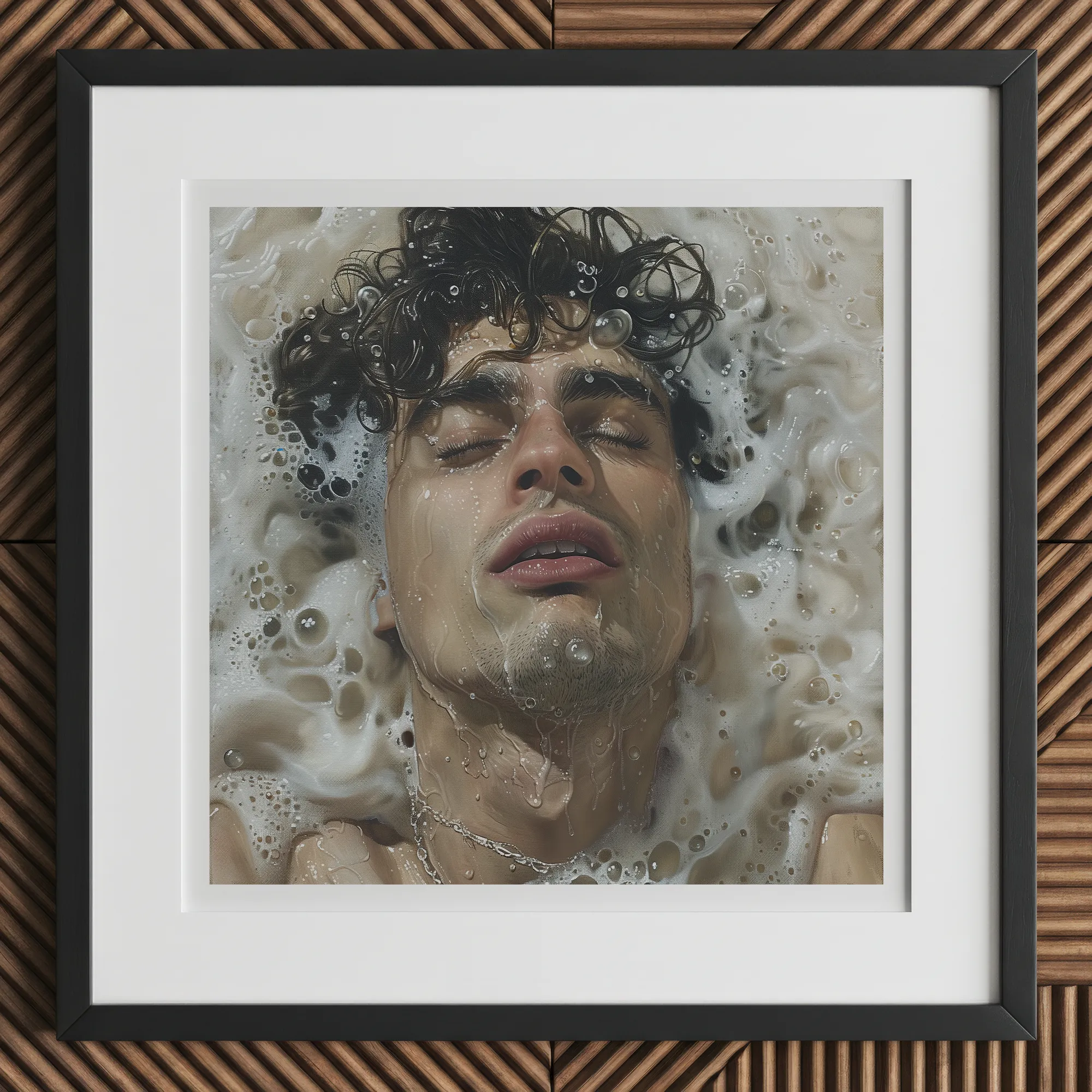 Wet Whistle - Sensual Homoerotic Dream Art Print, 12x12’’ / 31x31cm / Black Frame / 2’’ Matboard, Framed Picture Man Submerged Frothy Water