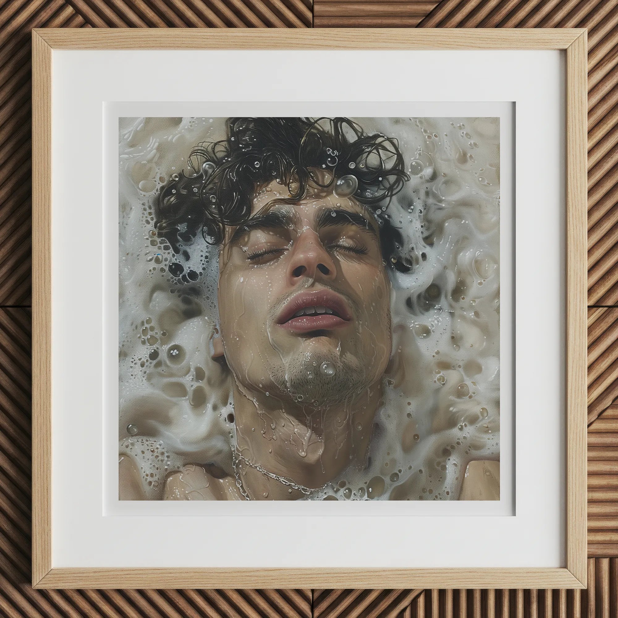 Wet Whistle - Sensual Homoerotic Dream Art Print, 12x12’’ / 31x31cm / Natural Frame / 2’’ Matboard, Framed Portrait Man Curly Hair Closed