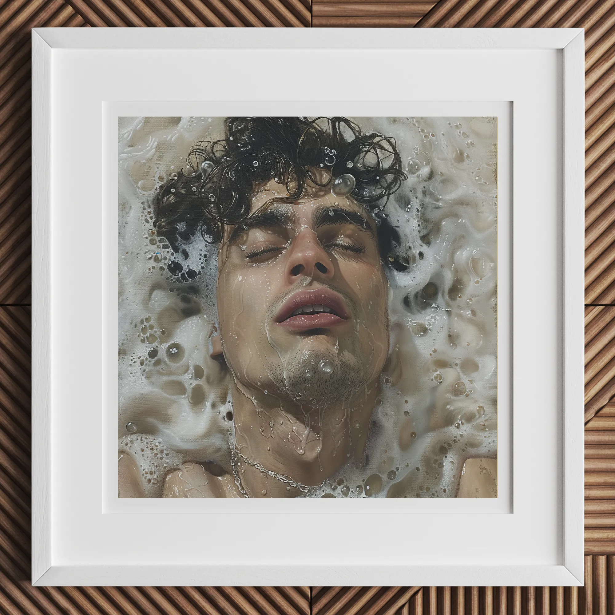 Wet Whistle - Sensual Homoerotic Dream Art Print, 12x12’’ / 31x31cm / White Frame, Framed Art Print Person Submerged Water