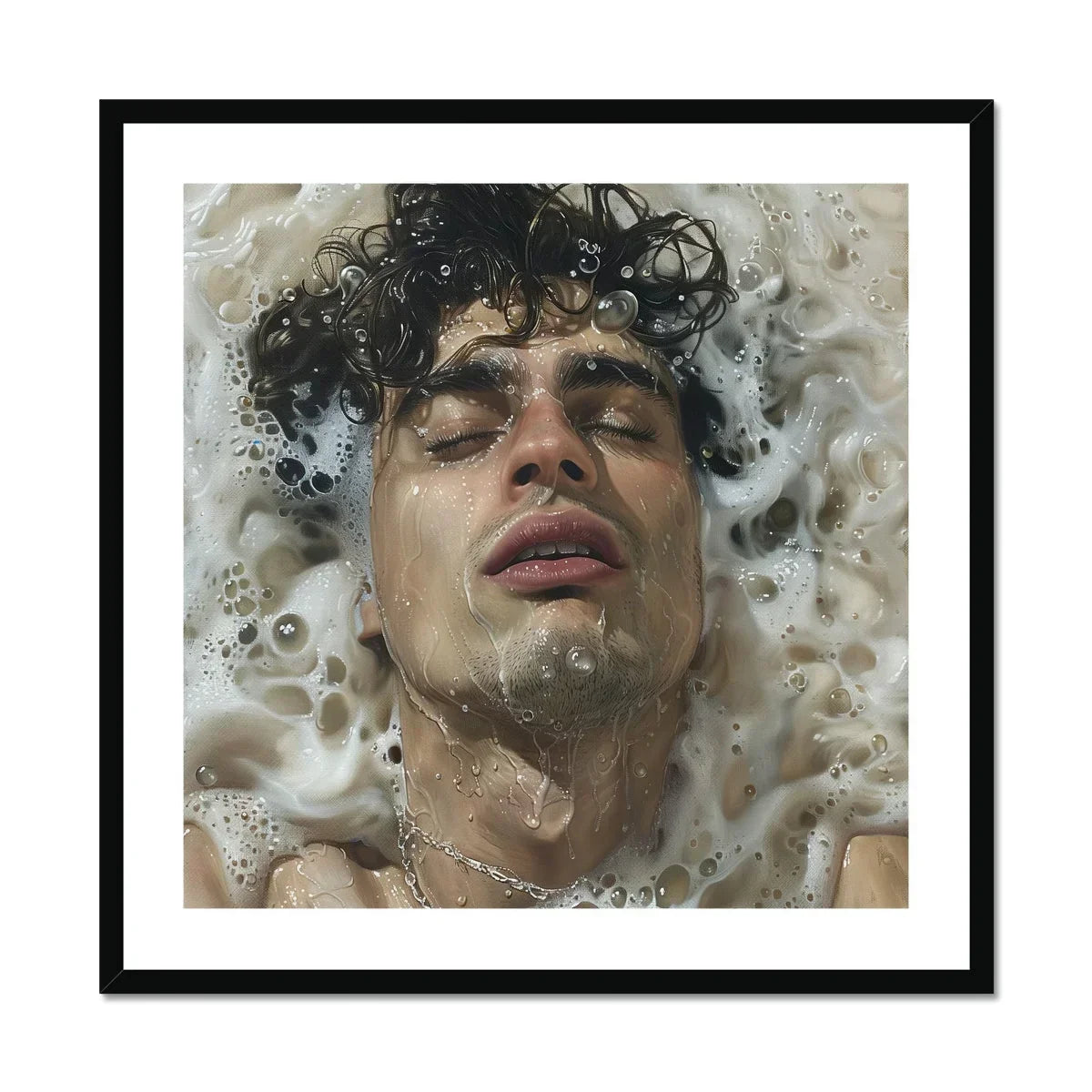 Wet Whistle Sensual Homoerotic Dream Art Print, Artistic Portrait Submerged Milky Bubbly Water Curly Dark