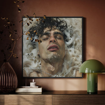 Wet Whistle - Sensual Homoerotic Dream Art Print / Canvas Framed Portrait Man Dark Curly Hair Closed Eyes Homoerotic Art Print, Latino Art,