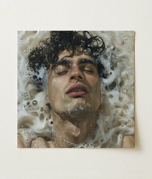 Hyperrealistic Oil Painting Man Dark Curly Hair Submerged Homoerotic Art Print, Latino, Symphony Swells