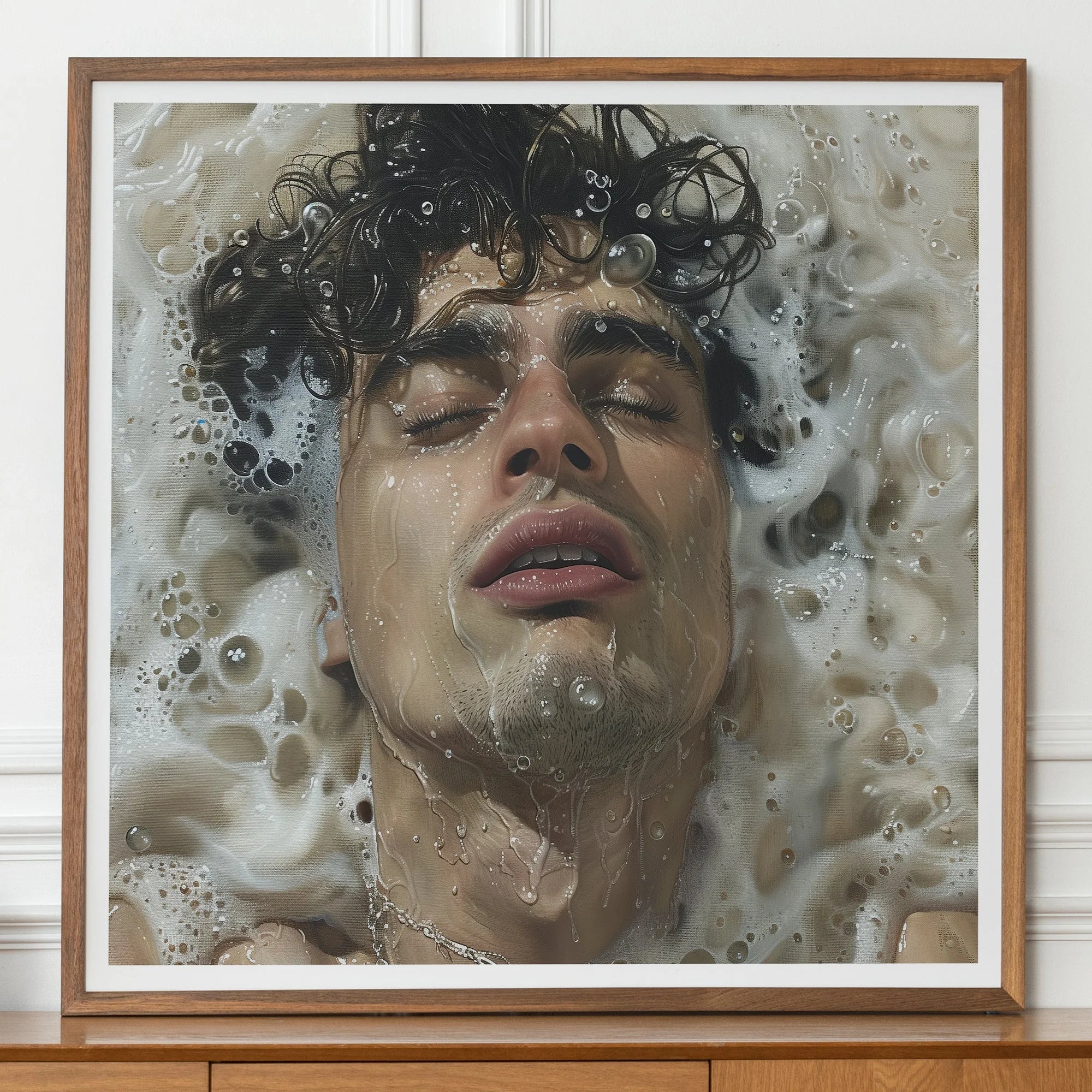 Wet Whistle - Sensual Homoerotic Dream Art Print, Framed Hyperrealistic Painting Person Submerged Water Eyes Closed