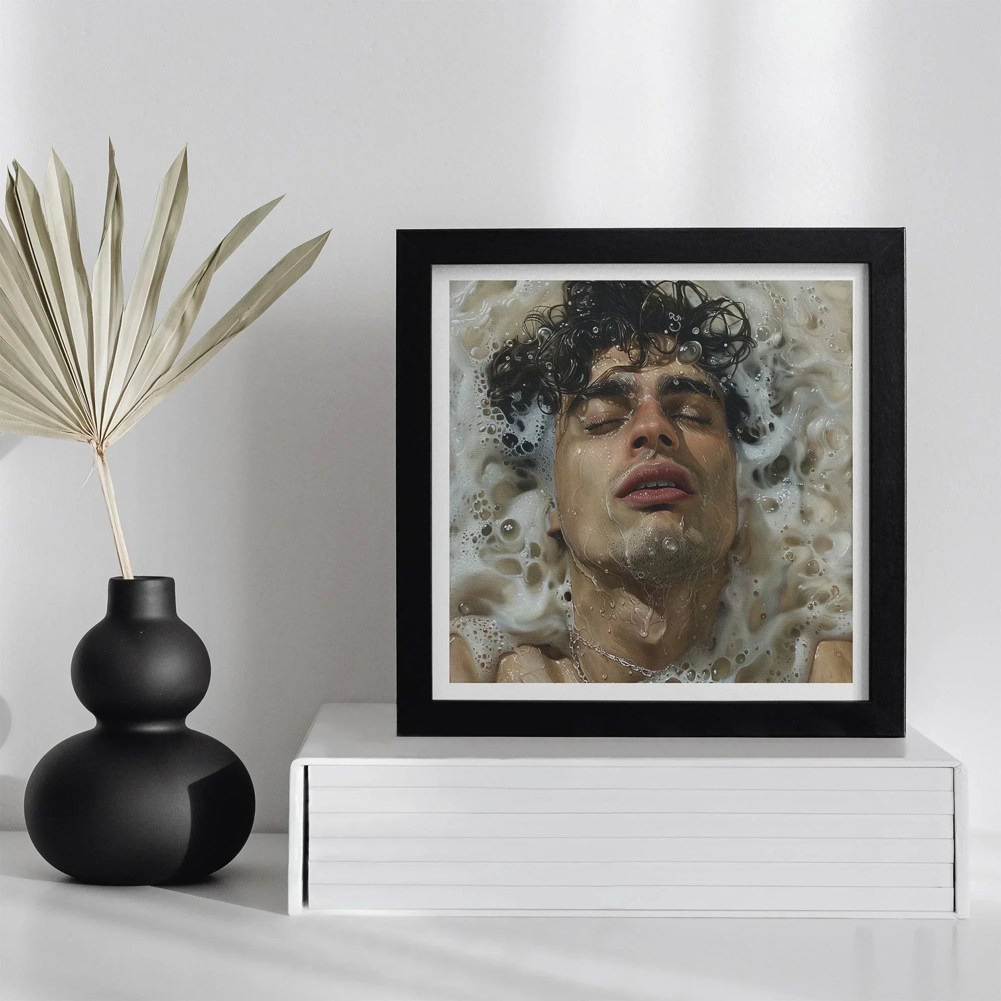 Wet Whistle Sensual Homoerotic Dream Art Print, Framed Portrait Person Submerged Water Eyes Closed Curly