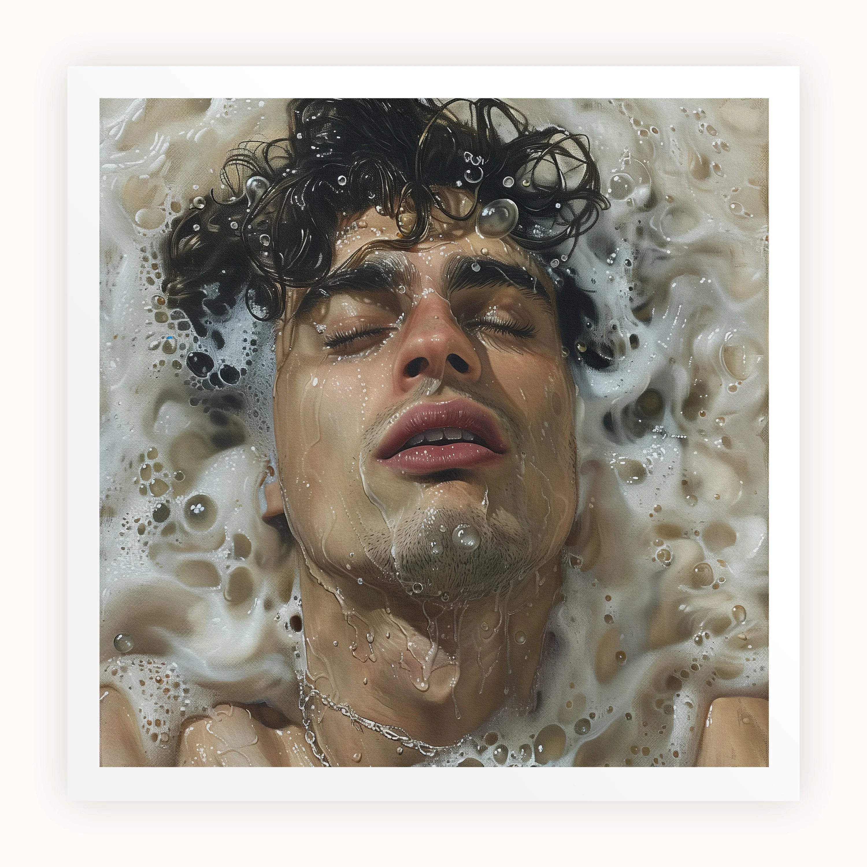 Wet Whistle Sensual Homoerotic Dream Art Print, Person Submerged Soapy Water Eyes Closed Curly Hair