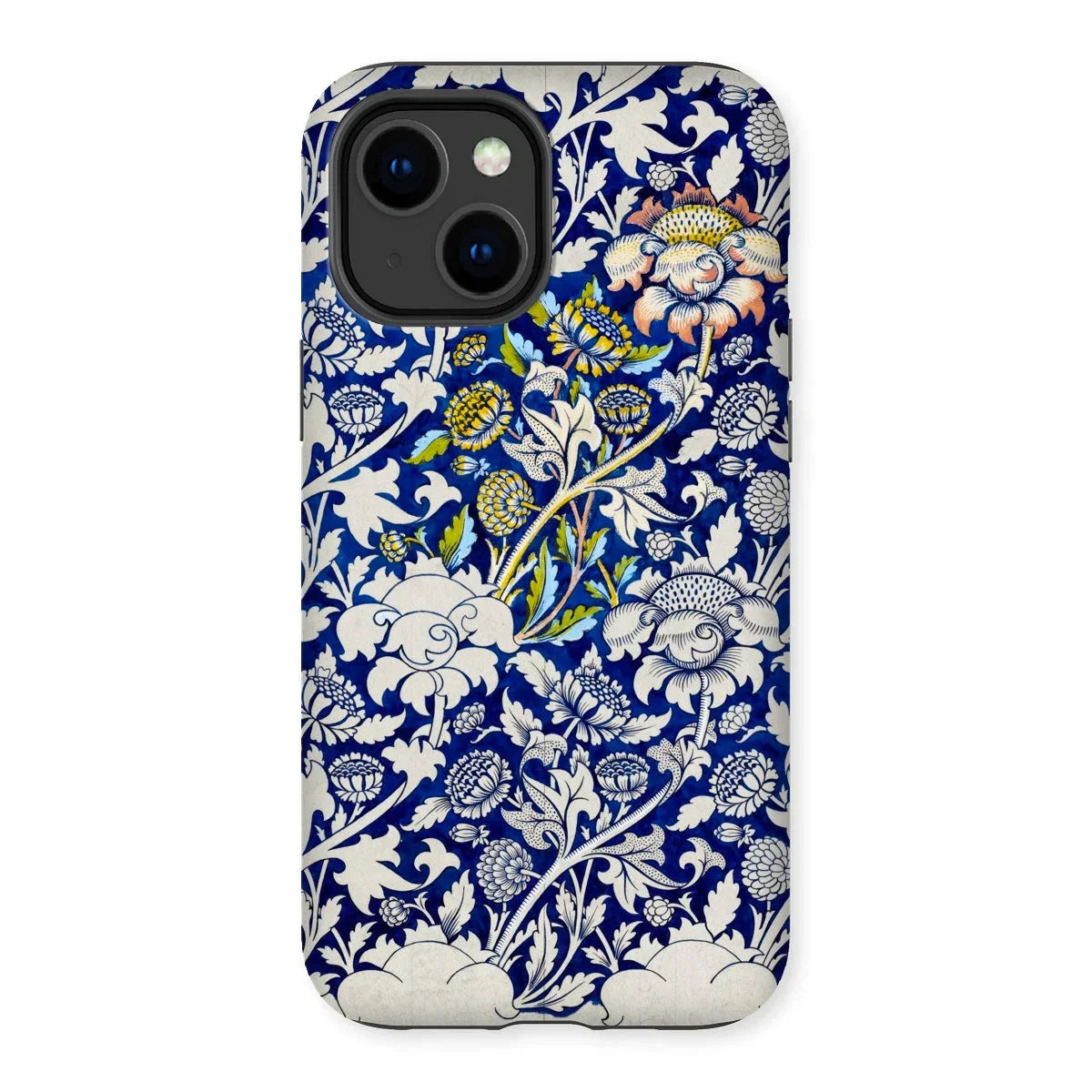 Wey - William Morris Fabric Pattern Iphone Case, 14 Plus / Matte, Phone Case Blue White Floral Pattern Yellow Accents