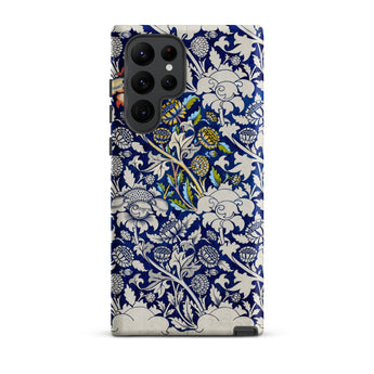 Wey - William Morris Fabric Pattern Phone Case Samsung Galaxy S22 Ultra / Matte Navy Blue Phone Case Adorned Intricate White Yellow William