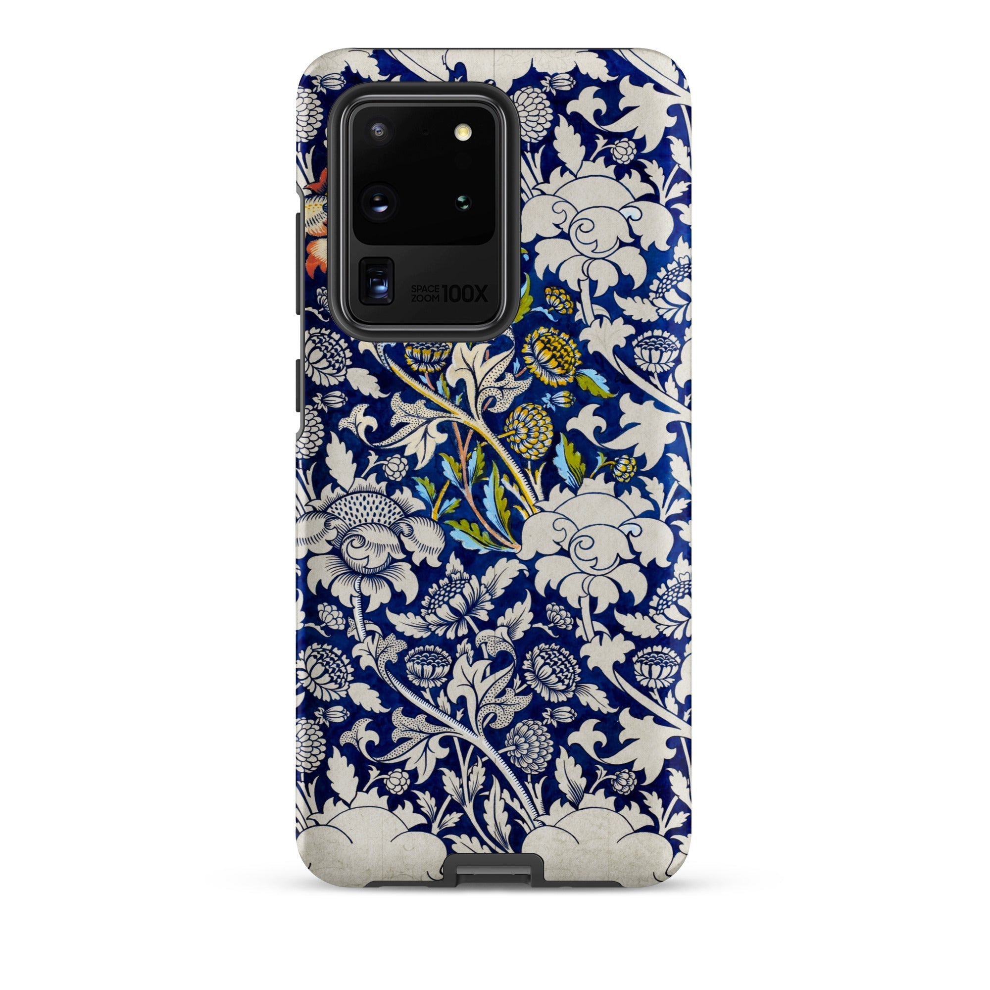 Wey William Morris Fabric Pattern Samsung Case, Galaxy S20 Ultra / Matte, Navy Blue Phone Case White Floral Leaf Pattern