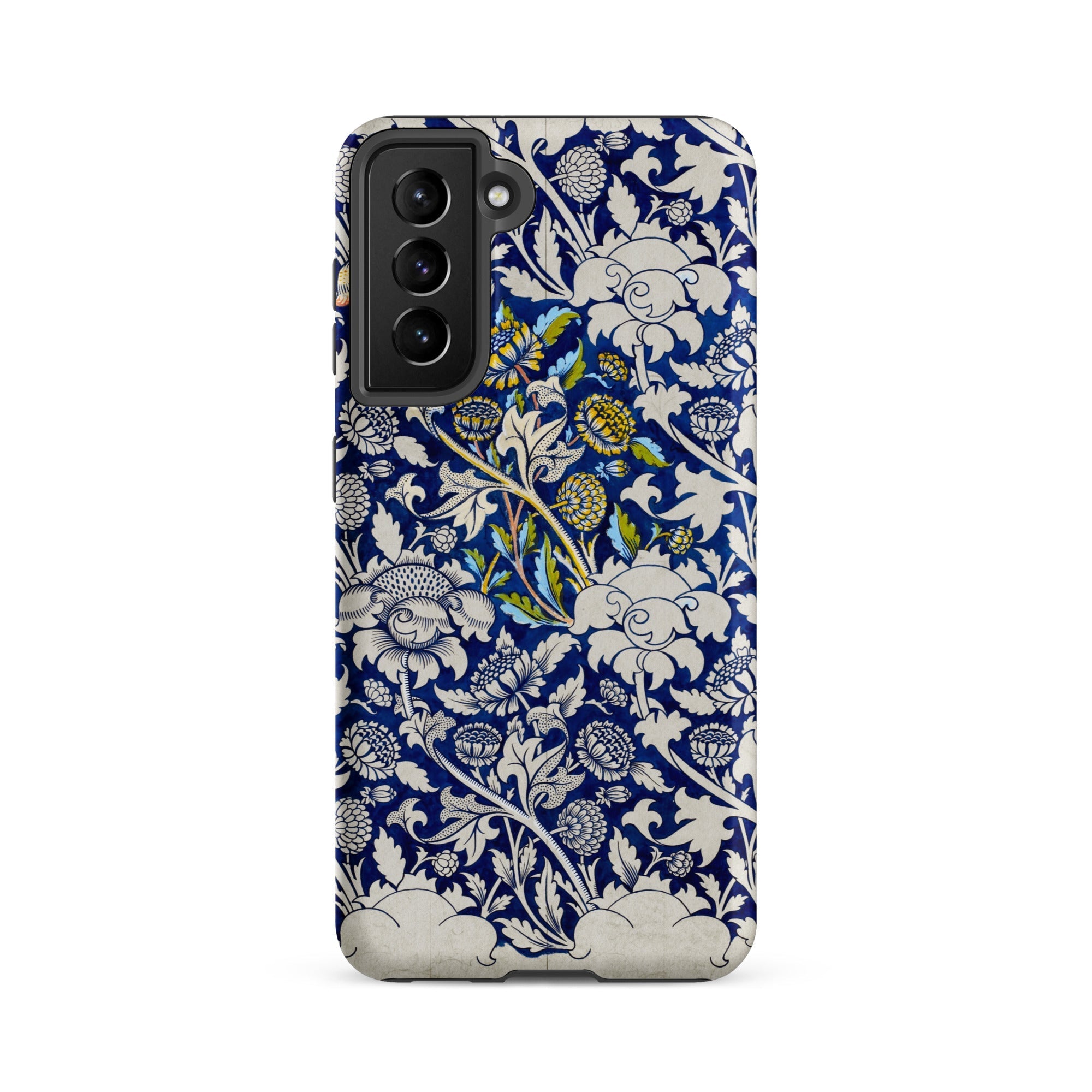 Wey William Morris Fabric Pattern Samsung Case, Galaxy S21 Fe / Matte, Dark Blue Phone Case White Floral Leaf Pattern