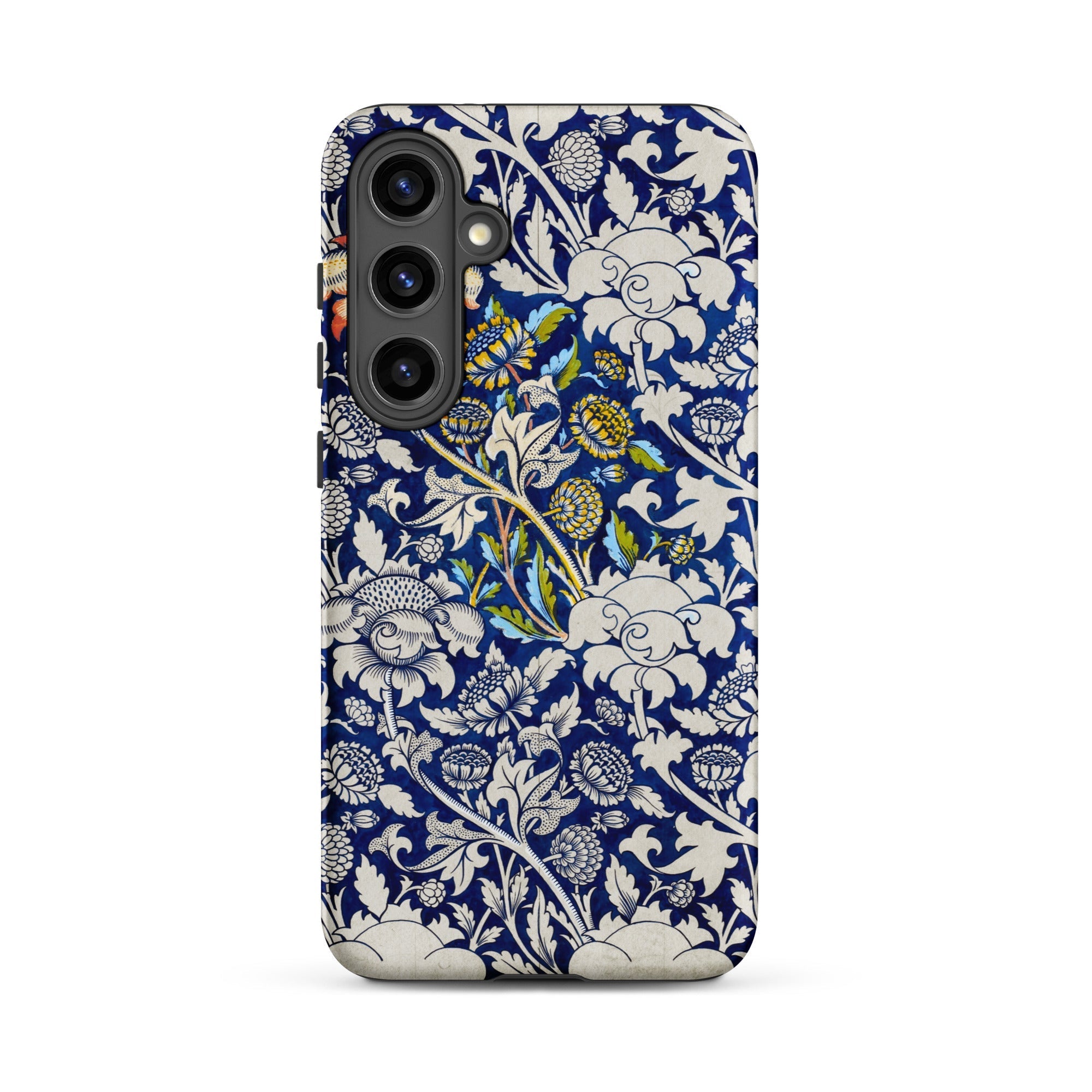 Wey William Morris Fabric Pattern Samsung Case, Galaxy S24 Plus / Matte, Dark Blue Smartphone Case Intricate White Yellow Floral