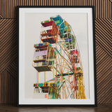 Wheel of Fortune - Amusement Park Ferris Art Print / Canvas Vibrant Colorful Ferris Wheel Print Black Frame White Eye-popping Wheel,