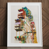 Wheel of Fortune - Amusement Park Ferris Art Print / Canvas Vibrant Colorful Ferris Wheel Print White Frame Eye-popping Wheel, Amusement