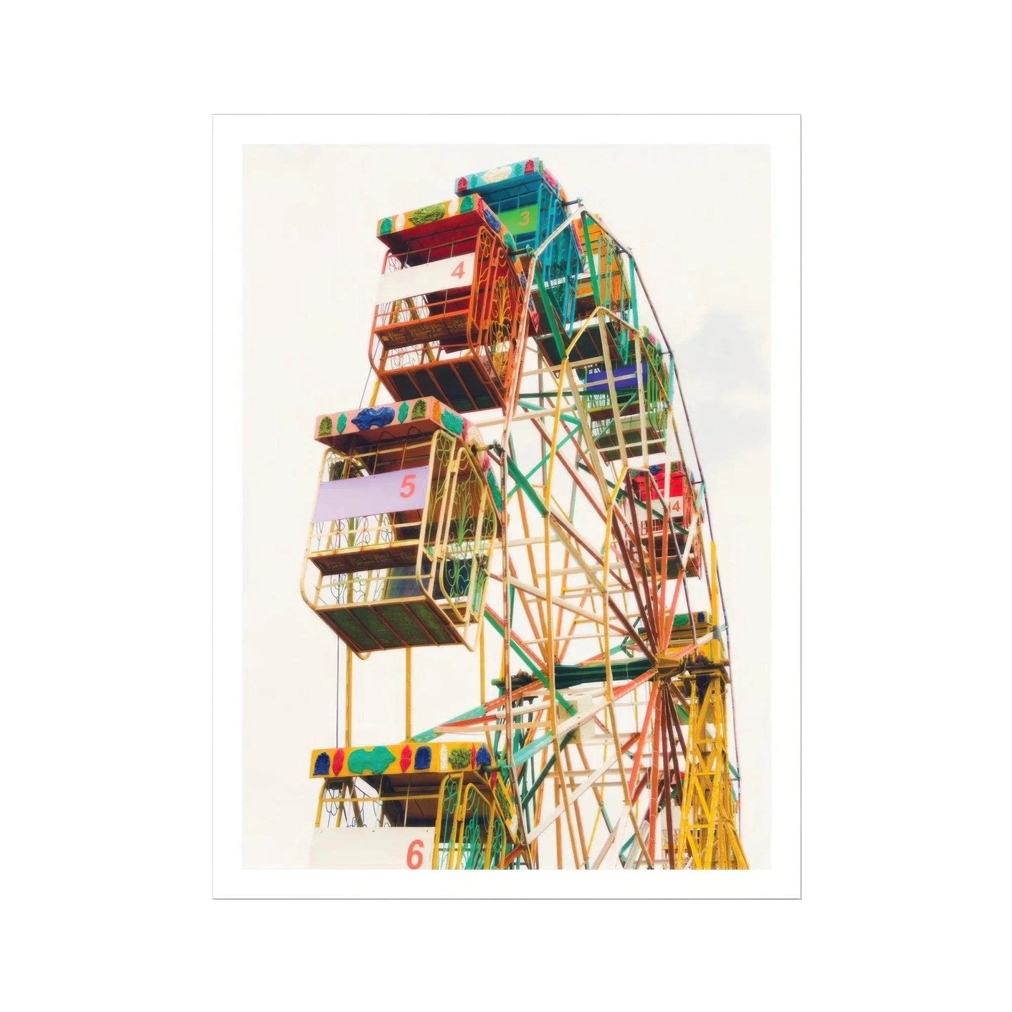 Wheel of Fortune - Amusement Park Ferris Art Print, Colorful Ferris Wheel Enclosed Passenger Cars Light Background