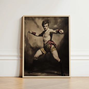 Framed Portrait Muscular Man Vintage-style Attire Maroon Gold Gay Circus Ringmaster, Art, Daring Spectacle