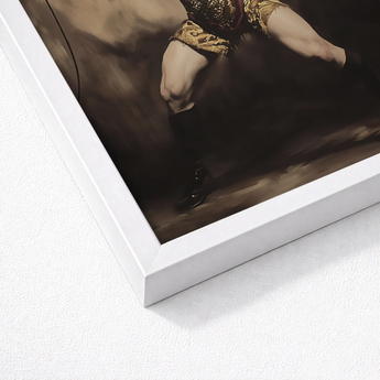 White Framed Art Print Dramatic Dark-toned Painting Matador Gay Circus Ringmaster, Daring Spectacle