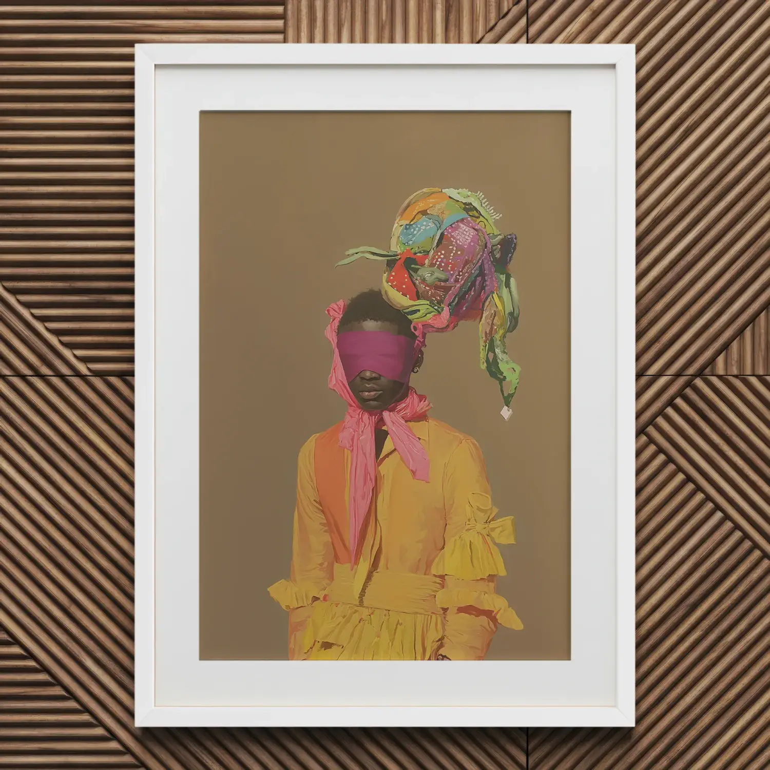 White-framed fashion art print of vibrant yellow attire in modern rococo era