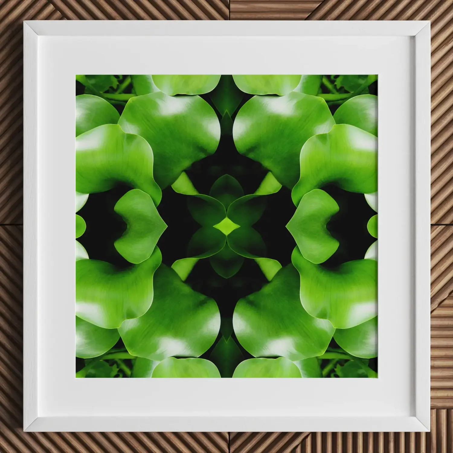 White-framed botanical op art with trippy green leaf kaleidoscope