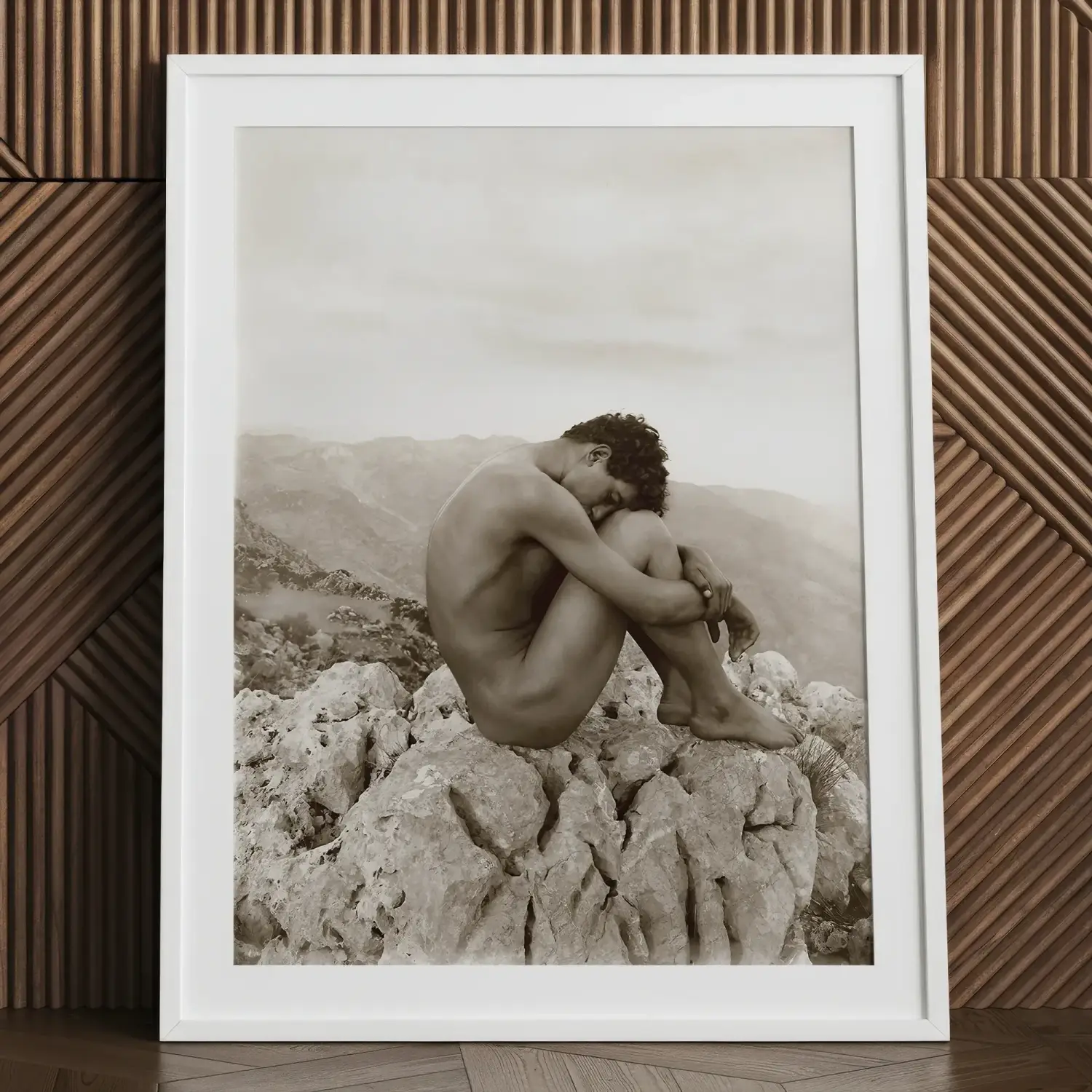 White-framed nude male figure on rocks, john singer sargent style