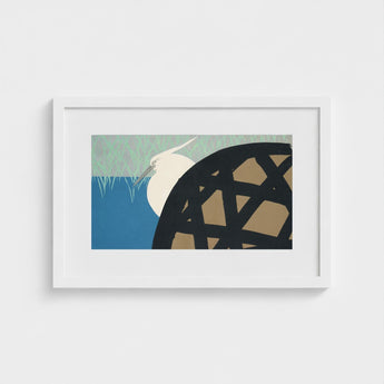 White Heron - Kamisaka Sekka Art Print / Canvas White-framed Artwork Stylized Bird Blue Green Background, Warrior’s Basket Pattern, Paused