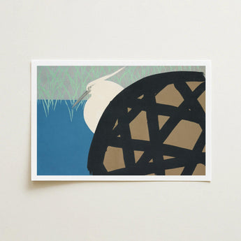 White Heron - Kamisaka Sekka Art Print / Canvas Minimalist Egret Slender Neck Pointed, Warrior’s Basket Pattern, Paused Artwork Prints