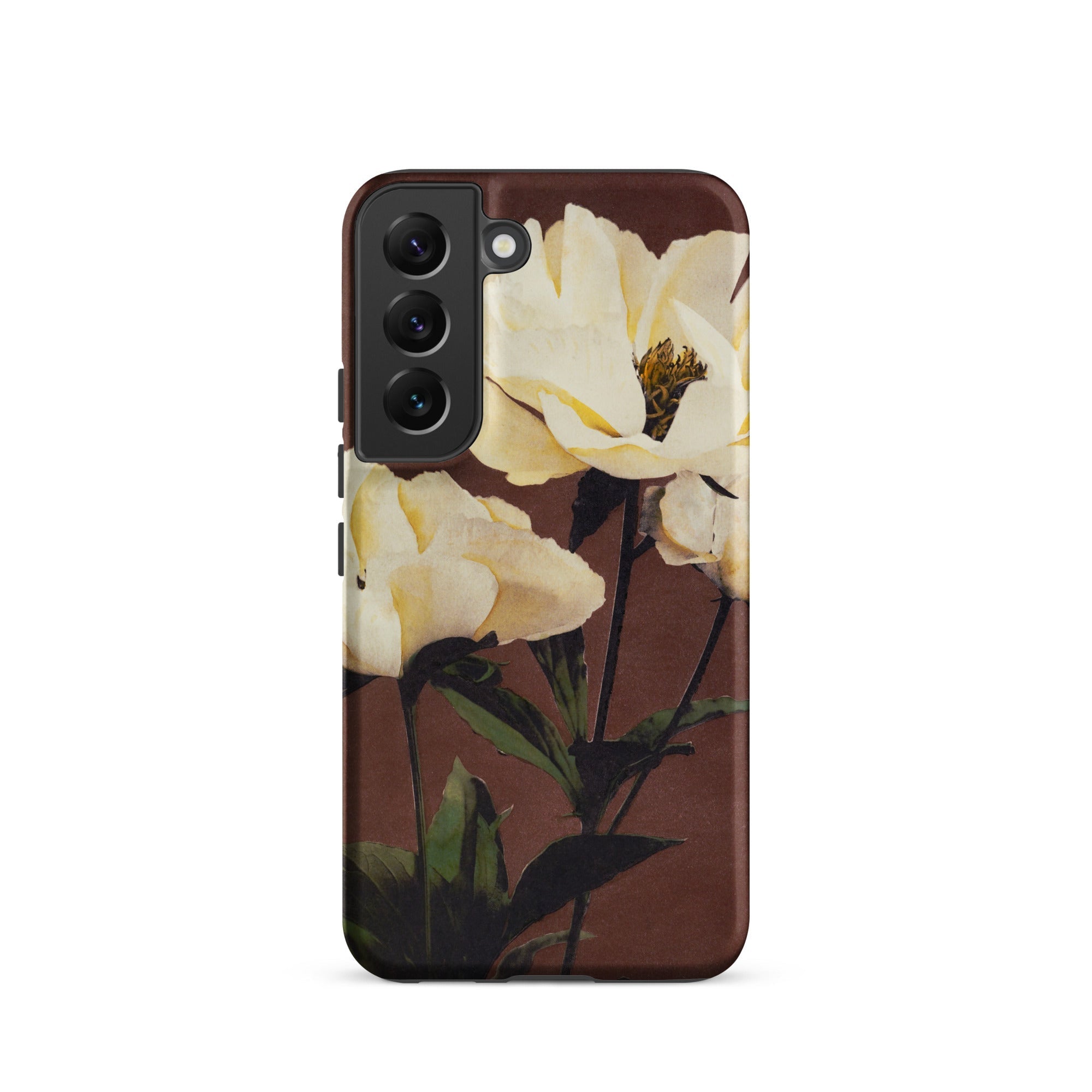 White Peony Ogawa Kazumasa Floral Samsung Case, Galaxy S22 / Matte, Smartphone Case White Floral Design Dark Brown Background