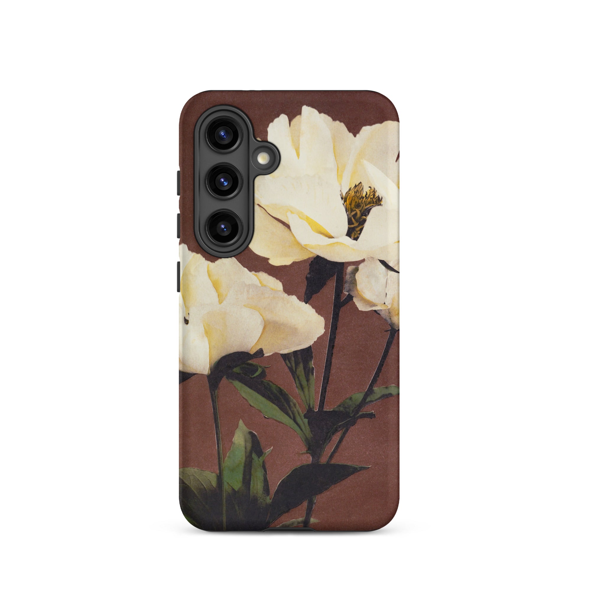 White Peony Ogawa Kazumasa Floral Samsung Case, Galaxy S24 / Matte, Smartphone Case White Floral Design Reddish Brown Background