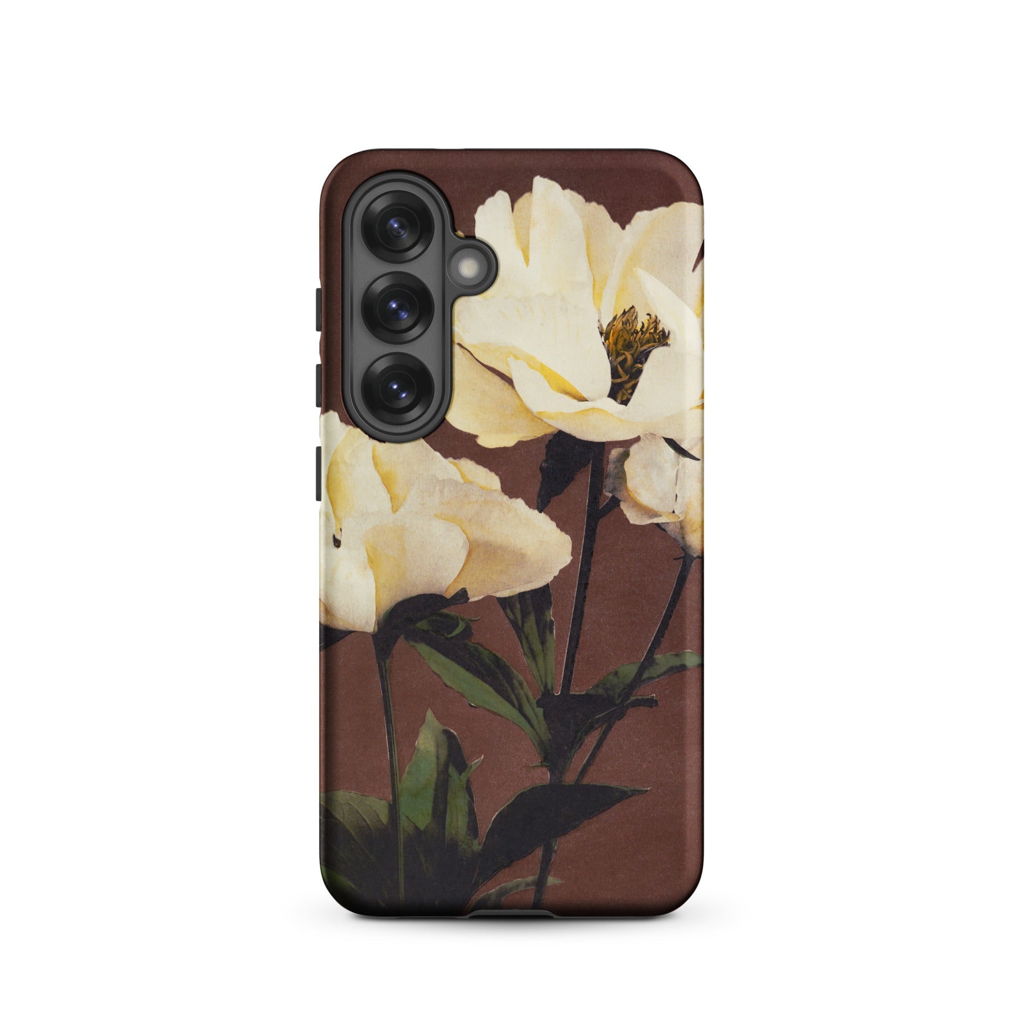 White Peony Ogawa Kazumasa Floral Samsung Case, Galaxy S25 / Matte, Smartphone Cream Colored Floral Design Dark Brown Case