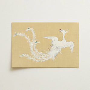 White Phoenix - Kamisaka Sekka Momoyogusa Art Print / Canvas Delicate White Phoenix Illustration Green Accents Soft Beige Kamisaka Sekka’s