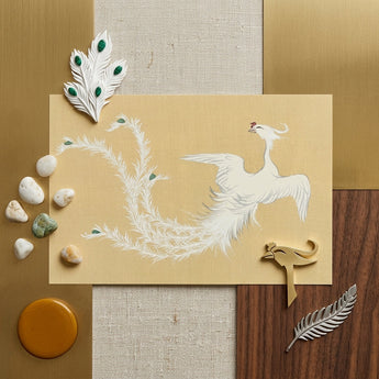 White Phoenix - Kamisaka Sekka Momoyogusa Art Print / Canvas White Peacock Feather Brooch Emerald Green Accents Kamisaka Sekka’s Phoenix,