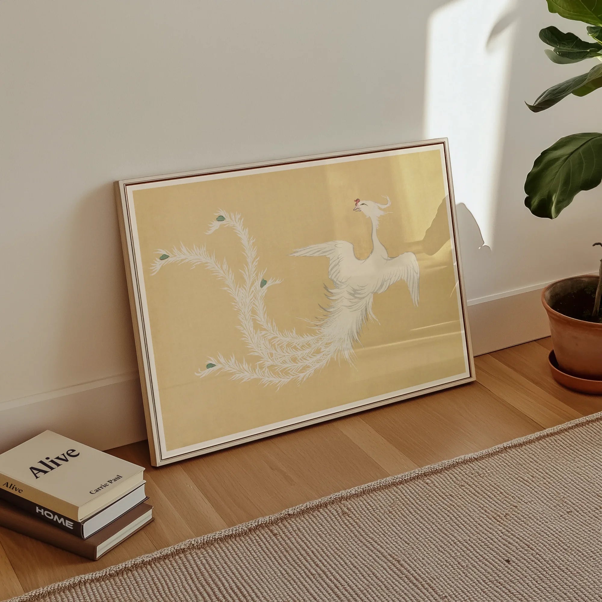White Phoenix - Kamisaka Sekka Momoyogusa Art Print, Framed Artwork White Birds Flight Beige Background