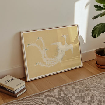 White Phoenix - Kamisaka Sekka Momoyogusa Art Print, Framed Artwork White Birds Flight Beige Background