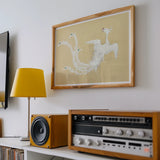 White Phoenix - Kamisaka Sekka Momoyogusa Art Print, Framed Artwork White Geese Swans Flight Beige Background