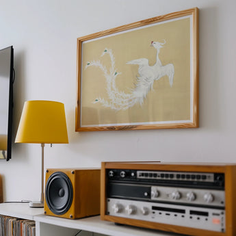 White Phoenix - Kamisaka Sekka Momoyogusa Art Print, Framed Artwork White Geese Swans Flight Beige Background