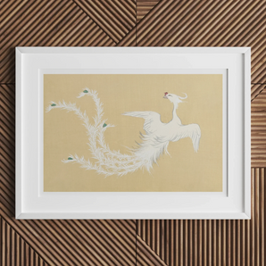 White Phoenix - Kamisaka Sekka Momoyogusa Art Print, White-framed Artwork Two Ethereal Birds Graceful Dance Beige