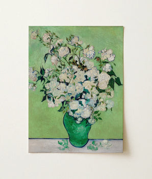 Vibrant Green Ceramic Vase Filled Lush White Roses Vincent Van Gogh’s, Floral Art Print